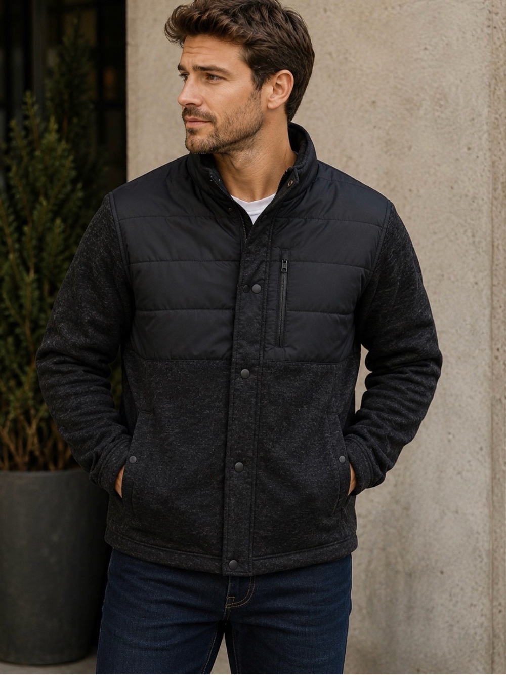 Free Country Men's Black Quilted Hybrid Puffer Jacket